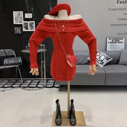 Robes décontractées Rouge Hors Épaule Perle Sexy Slim Femmes À Manches Longues Hip Wrap Robe En Tricot Robes De Mujer Elegante