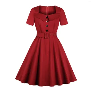 Casual jurken rood geplooid feest voor vrouwen vintage stijl pinup 50s 60s rockabilly button rock butted elegant plus size jurk