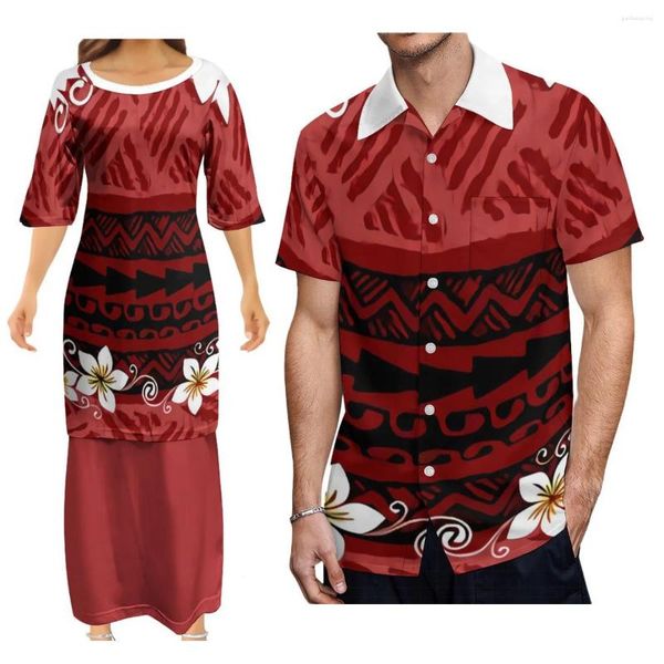 Robes décontractées Robe à manches mi-longues de conception polynésienne rouge Samoan Tribe Modèle personnalisé Puletasi Costume deux paires avec chemise pour hommes