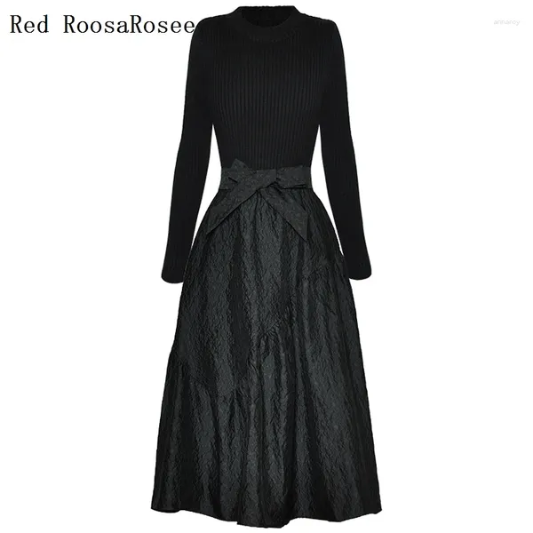 Robes décontractées Roosarosee O Col à collier Longue à manches longues Jacquard Black Midi Robe Europe Spring Summer 2024 Femmes Vestidos Robe