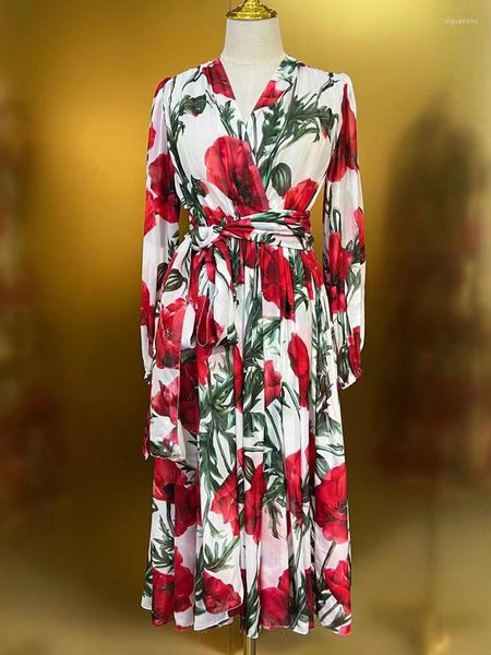 Robes décontractées rouge RoosaRosee soie col en v imprimé fleuri à manches longues ceinture grande robe balançoire 2023 printemps été femmes Vestidos Robe