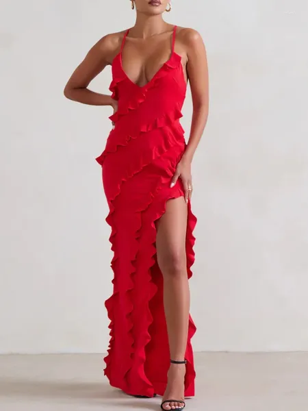 Vestidos casuales Vestido de labios de gasa con volantes rojos Sin respaldo Frente Hendidura Sexy Fiesta de noche de verano larga para mujer