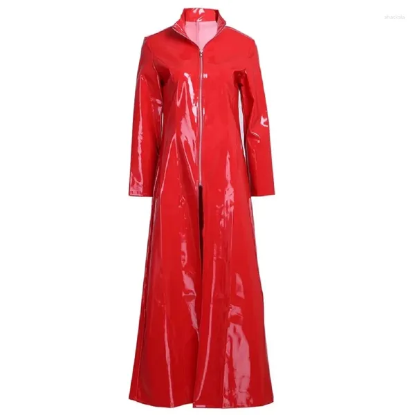 Vestidos casuales rojo sexy moda stand collar PVC vestido de cuero mujeres streetwear manga larga fiesta mujer bata femenina