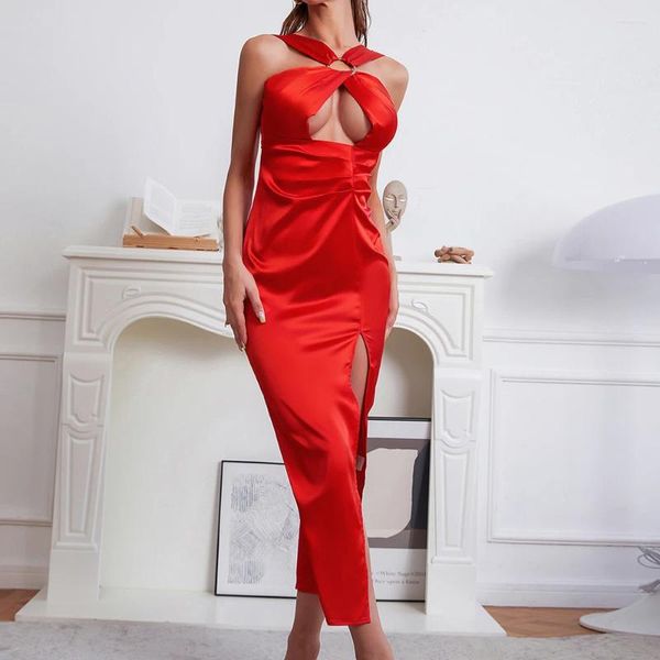 Robes décontractées Rouge Sexy Hors Épaule Évider Moulante Robe Mi-longue Elegat Sans Manches Longueur De Plancher Satin Dos Ouvert