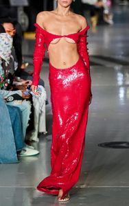 Casual jurken Red Shinning Sequins vrouwen lange mouw uit schoudergaten 2023 bodycon maxi jurk celebrity tapijt tv -show podium slijtage
