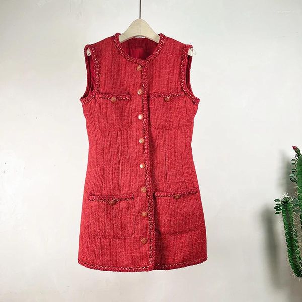 Vestidos casuales Rojo Pequeños bolsillos de lana fragantes Vestido Vintage Invierno Mujeres Numeral Single Breasted Sin mangas Tanque Tweed Party