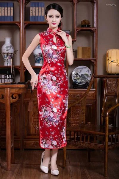 Vestidos casuales Rojo Verano Largo Cheongsam Tradicional Estilo Chino Mujeres Rayón Vestido Elegante Dama Impresión Slim Banquete Qipao Novedad Vestido