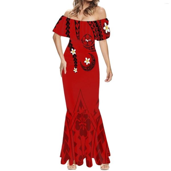 Robes décontractées rouge été polynésien traditionnel tribal femmes robe col rond manches courtes Sexy Banquet élégant mode 2023 jupe