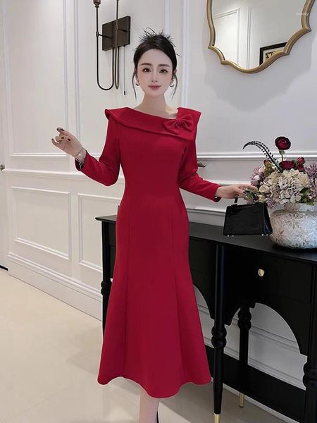 Vestidos casuales Ocasos especiales de fiesta rojo Mujeres elegantes Manga larga Midi Black Cocktail Vestido 2024 Vestido de moda de primavera