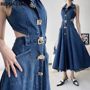 Casual Jurken REDDACHiC Chique Elegante Zomer Vrouwen Eendelige Denim Jurk Spleet Uitgesneden Taille Blue Jeans Zonnejurk Mouwloos Minimalistisch