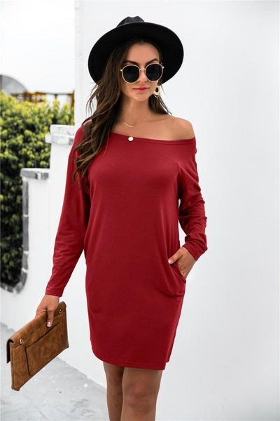 Robes décontractées ReeRee Femmes Printemps / Automne Faux Cuir Slash Cou T-shirt Robe À Manches Longues Longueur Au Genou