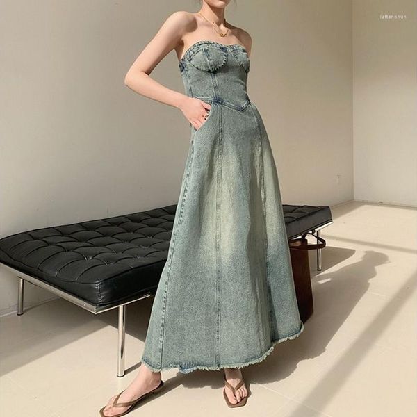 Robes décontractées rétro bleu Denim soutien-gorge robe pour femmes printemps/été 2023 français jupe coupe ajustée a-ligne longue