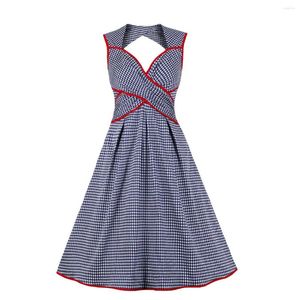 Robes décontractées rétro carreaux imprimer balançoire robe Vintage femmes été col en v sans manches Pin Up taille haute Sexy fête robe d'été