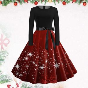 Vestidos casuales Retro Navidad Mujeres 2023 Traje de invierno Swing Pinup con cinturón Vintage Copos de nieve Imprimir Disfraces de Navidad 50s 60s Vestido de fiesta