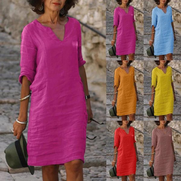 Robes décontractées rétro coton lin robe d'été pour les femmes couleur unie demi manches mini élégant lâche boho plage fête robe d'été