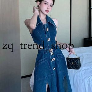 Casual jurken retro denim jurk dames 2023 zomer nieuw shirt kraag split split taille lange japon mouwloos uit één stuk sexy denim jurk trend 8 73