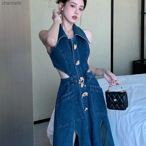 Robes Décontractées Rétro Denim Dress Femmes 2023 Été Nouveau Col De Chemise Creux Split Taille Longue Robe Sans Manches Une Pièce Sexy Denim Dress Tendance L230520