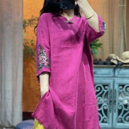 Robes décontractées rétro brodé coton lin robe 2023 femmes été style ethnique Pan bouton 7/4 manches chinois amélioré Qipao jupe