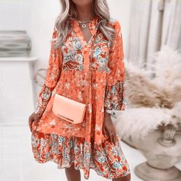 Casual jurken retro bloemenprint Flare Sleeve Mini Dress Spring Women Ruffle Loose Party Jurken Casual V Neck Beach Dress Robe de Plage 230511