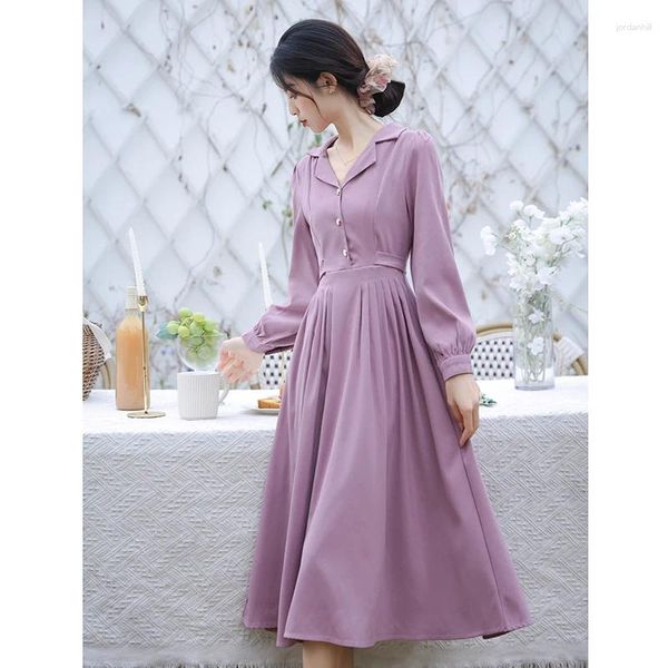 Robes décontractées Rétro Français Chic Style Lavande Violet Médiéval Midi Robe Élégante Femmes Ruban Bow Dîner Anniversaire Robe Festa