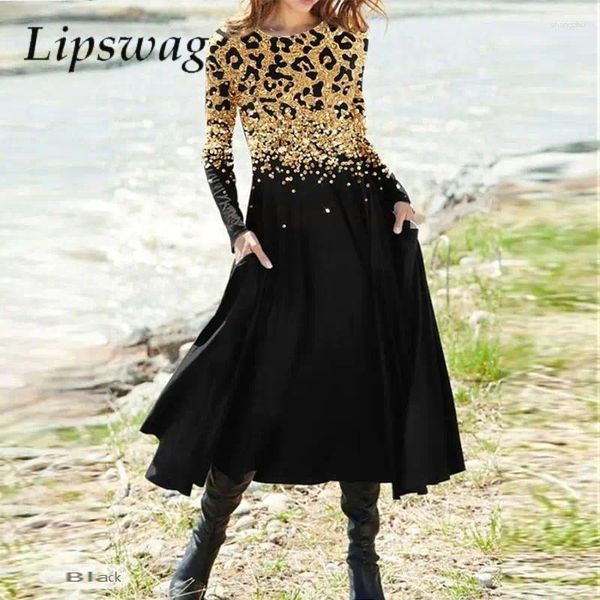 Vestidos informales Retro Gold Gradiente de leopardo Impresionante Destino de estampado Mujeres O Cuello A-Lín