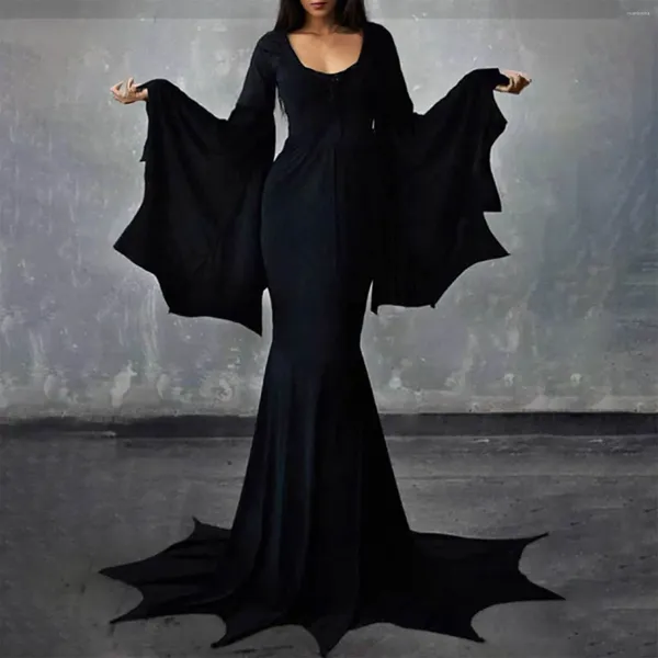 Vestidos casuales Retro gótico de cintura alta vestido negro mujeres vampiro manga de murciélago traje de Halloween trajes de fiesta de disfraces