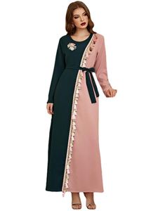 Casual jurken retro groen roze contrast kleur maxi jurk voor vrouwen eid al-adha bloem dubai kalkoen Arabische oman moslim etnische gewaad