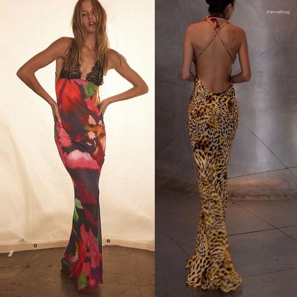 Robes décontractées rétro léopard fleur longue robe d'été femmes 2023 hors dos vacances plage Sexy dentelle épissure fête
