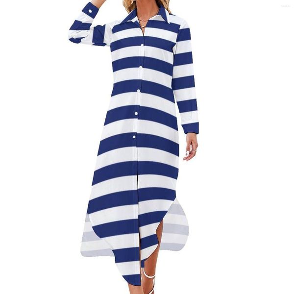 Robes décontractées Robe en mousseline de soie nautique rétro sexy col en V bleu marine et blanc rayé plage femmes cadeau esthétique