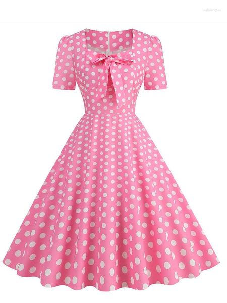 Vestidos casuales Retro Pink Polka Dot Print Bow Mujeres Vestido de verano 2024 Vestido 50s 60s Vintage Collar cuadrado Manga corta Fiesta Damas