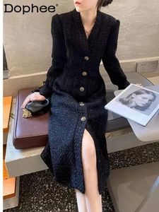 Casual jurken retro vaste kleur wol knop vrouwen vallen winter winter in Franse stijl v-hals afslanken met één borste a-lijn kledingjas