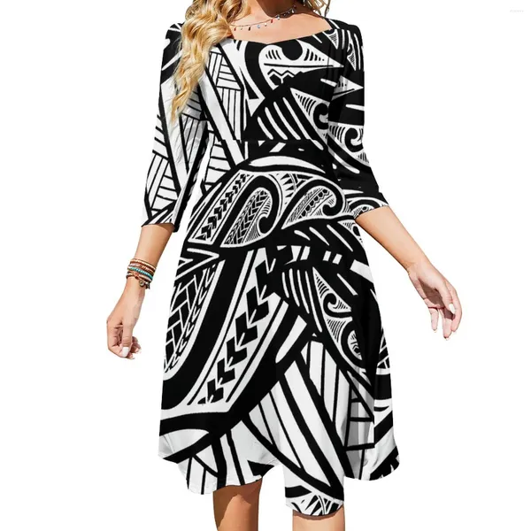 Robes décontractées Rétro Tribal Imprimer Robe Femme Noir et Blanc Street Fashion Élégant avec Bow Été Vêtements surdimensionnés