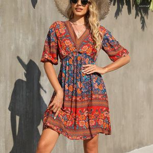 Casual jurken retro v-neck halve mouw geprinte mini jurk vrouwen zomer losse A-lijn causale bloemenbloemkleding