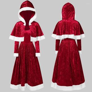 Vestidos casuales Retro Mujeres Navidad Santa Claus Traje Terciopelo Vestido largo Invierno Moda O-cuello Manga de dos piezas Mantón Lady Vestios