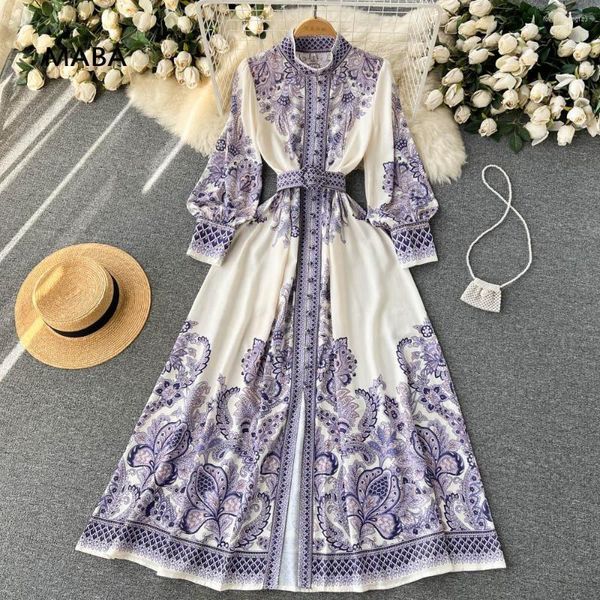 Vestidos casuales Retro Mujer Imprimir Vestido largo de lujo Primavera Otoño Formal Linterna Manga Cinturón Diseñador de moda Bata Tallas grandes Pasarela