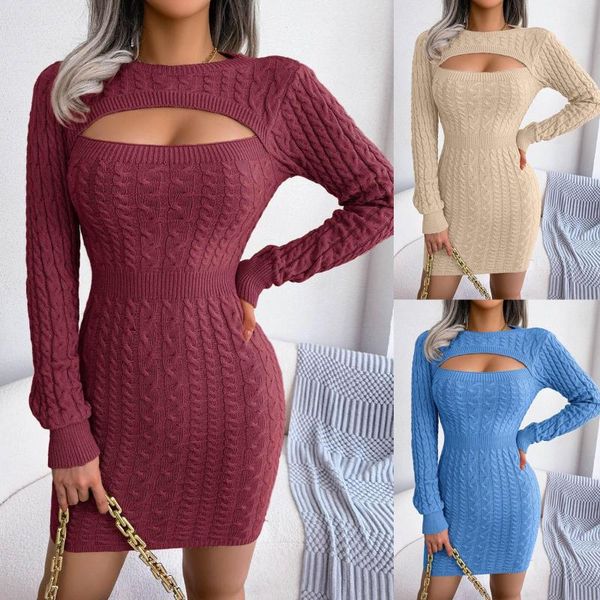 Vestidos casuales suéter de punto acanalado para mujer 2023 vestido ajustado de manga larga elástico ahuecado Mini Vestidos de otoño