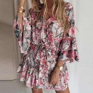 Robes décontractées Robe Femme été pour femmes doux col en V Mini Robe avec poche manches courtes à volants adolescents Vestidos