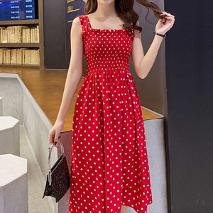 Casual Jurken robe femme Zomer Polka Dot Dames Jurken Elegante Vierkante Hals Mouwloze Chiffon Lange Jurk Super Discount vestidos para mujer Z0612