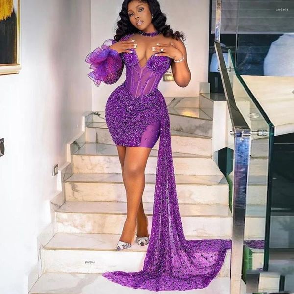 Robes décontractées robe Soiree de Luxe 2024 Purple perle en dentelle Mini Maxi avec superposition latérale