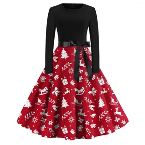 Casual jurken gewaad vintage femme 2024 pin up kerst vrouwen lange mouw kerstman tree print wintervakantie feest rockabilly jurk