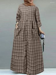 Robes décontractées robe féminine 2024 Commuter Tempérament en vrac à carreaux à carreaux Round manche de poche à manches longues robes de mode