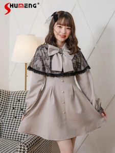 Robes décontractées Rojita Japanese Lady Lace Cape Robe 2024 Printemps Elegant Big Cold Guff Sleeve Slim Fit Silmming Mid-LEMGTH