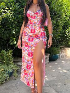 Robes décontractées romantique élégant imprimé fleuri féminin 2023 robe longue épaules nues jarretelle col en v haute fente Sexy fête de vacances