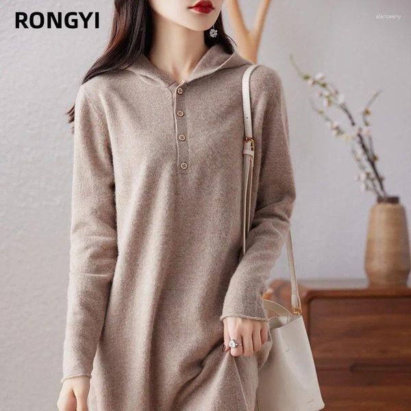 Robes décontractées Rongyi Pure Cashmere Robe Femmes Tricot Pull à capuche Hiver Lâche Laine Épaisse Grande Taille Taille Haute Sac Hanche Longue Jupe