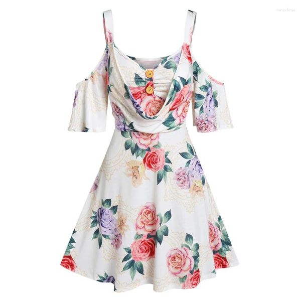 Robes décontractées Rose Floral Faux Twinset Vintage Fleur Imprimer Épaule Froide 2 en 1 Mini Une Robe de Ligne pour les Femmes