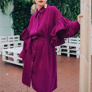 Casual jurken Rose Red Rapel Revel Reve Ruffled Taillband Loose Breasted Loose Plus Woman Dress Fashion 2024 Spring Party