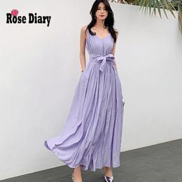 Vestidos casuais rosediary mulheres verão espaguete cinta uma linha midi longo vestido de cor sólida v pescoço férias praia elegante vestidos com faixas