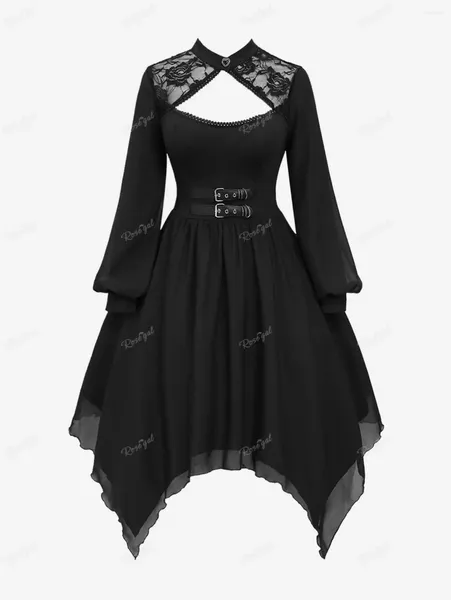 Vestidos informales Rosegal Gothic Lace Panel Recorte Hebilla Vestido Negro Elegante Capas de gasa Pañuelo 2023 Otoño Invierno Vestidos