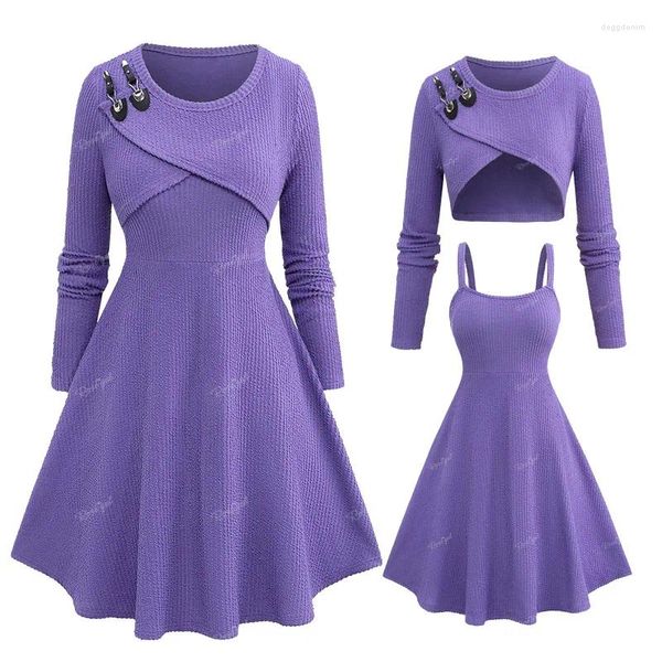 Vestidos casuales Rosegal Plus Tamaño 2023 en hebilla púrpura sólida Crop Top y vestido de tanque texturizado Mujeres Vestidos de dos piezas