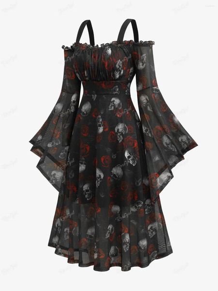 Vestidos informales Rosegal Tallas grandes Halloween para mujeres Skull Rose Estampado de malla Manga de campana Vestido de hombro frío 2023 Vestido midi gótico